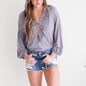 Gimmicks Embroidered Split Neck Top